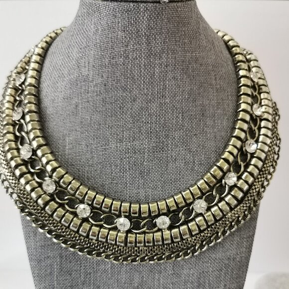 Wide Chain& Rhinestone Cleopatra Collar Necklace Bib Collar 5 Rows - Picture 1 of 10
